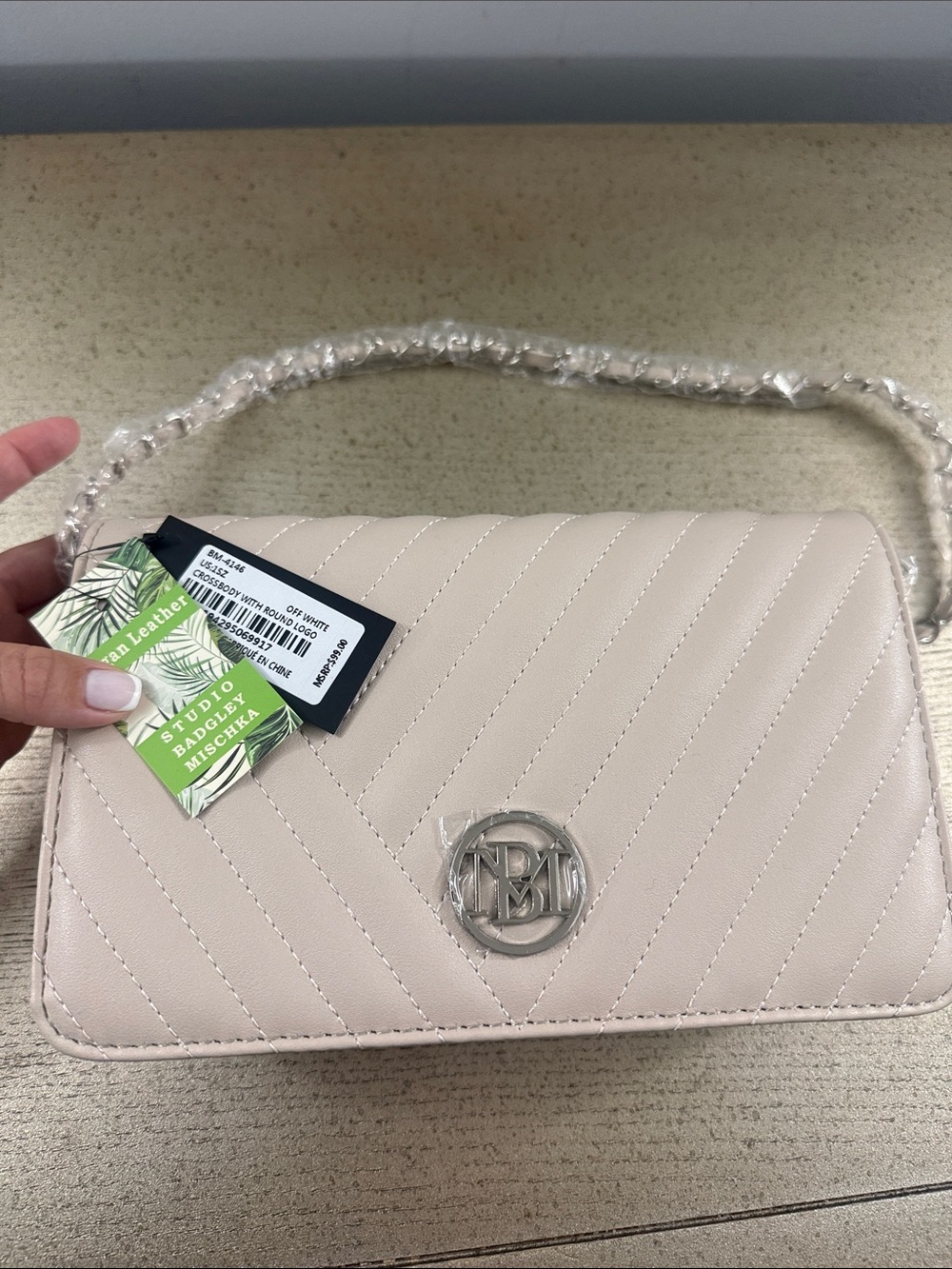 Badgley Mischka Cream Quilted Shoulder Bag with Silver Logo